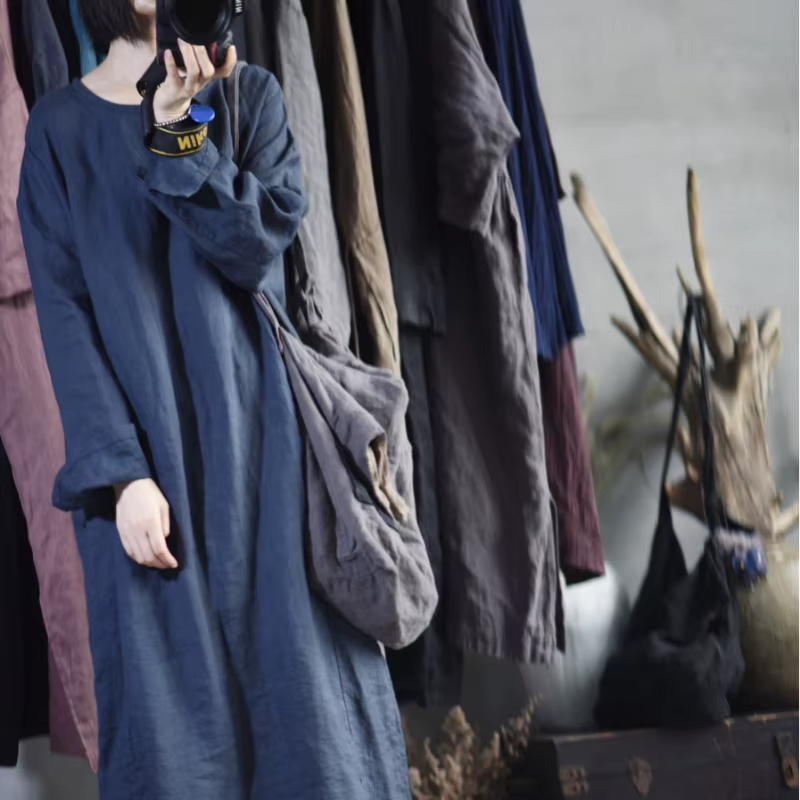 Robe décontractée oversize pour femme, nouvelle collection printemps 2026, style vintage, col rond, manches longues, faite main, coupe ample, en ramie délavée, style défilé
