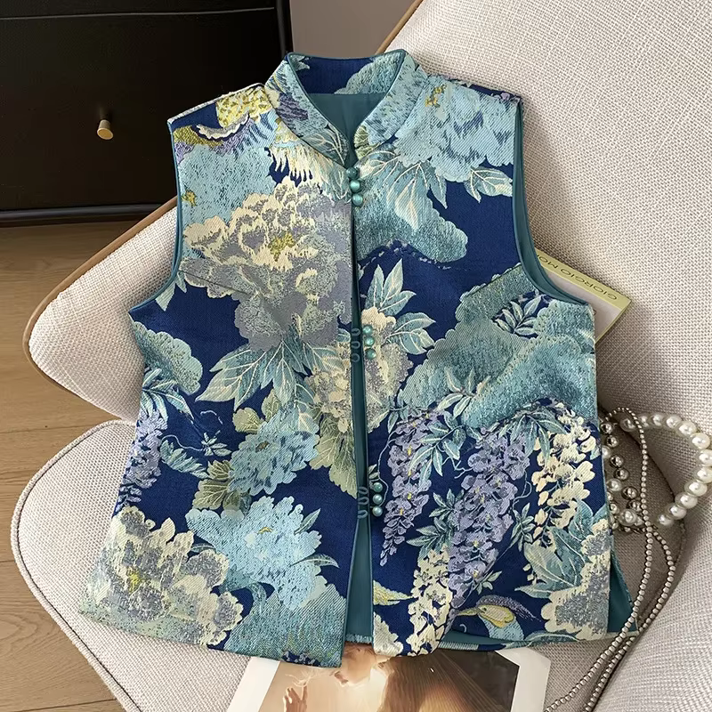 Style chinois hauts femmes Satin broder fleur Hanfu veste nouvelle dame vêtements d'extérieur décontractés Vintage boutonné Cheongsam gilet