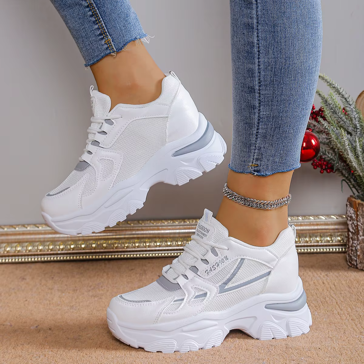 Plate-forme chaussures de sport pour femmes blanc décontracté maille respirant baskets hauteur augmenter à lacets printemps automne Tennis Feminino