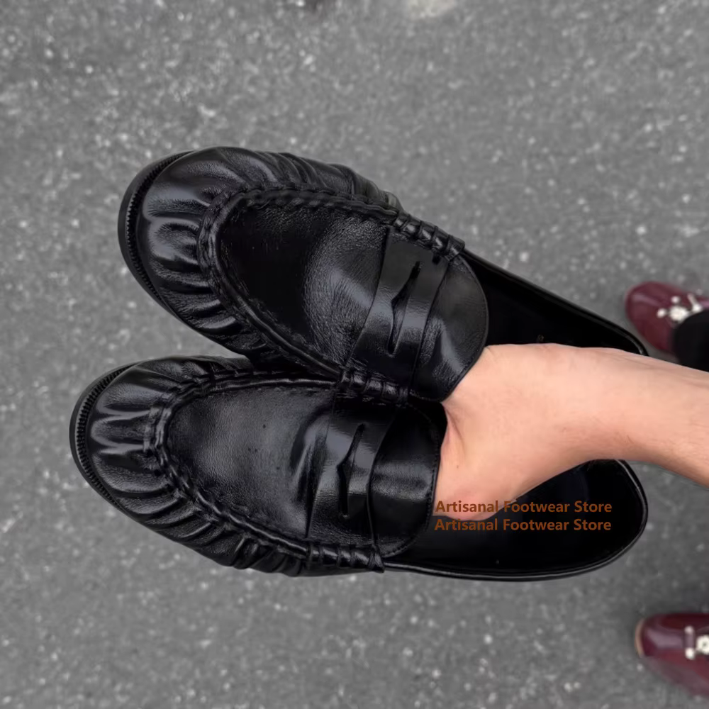 Mocassins au Design plissé rétro en cuir noir