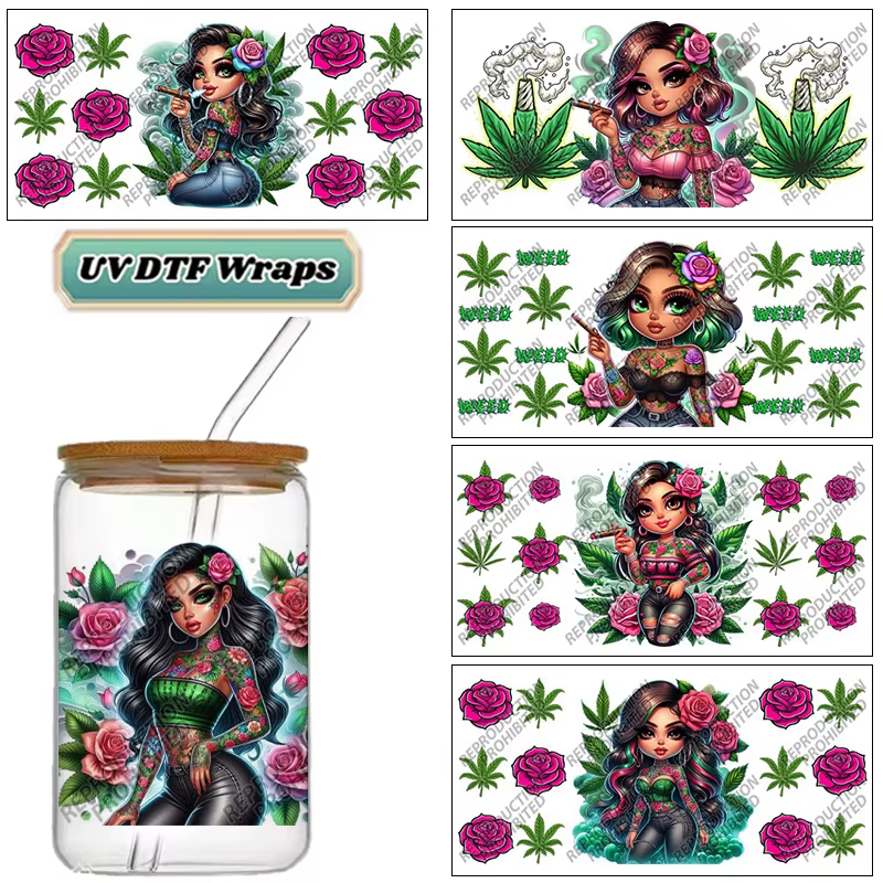Autocollants UV DTF Chicano Girl pour gobelets en verre Libby de 16 oz, autocollants Rose Tattoo Girl, décalcomanies de transfert DIY de haute qualité pour gobelets
