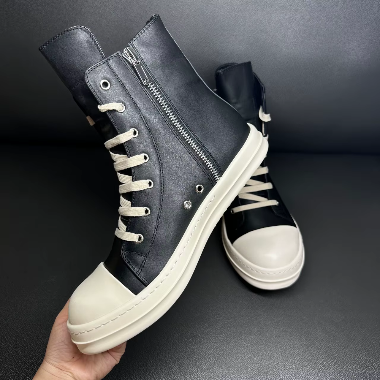 Baskets montantes décontractées pour hommes en cuir noir avec fermeture éclair et lacets fins