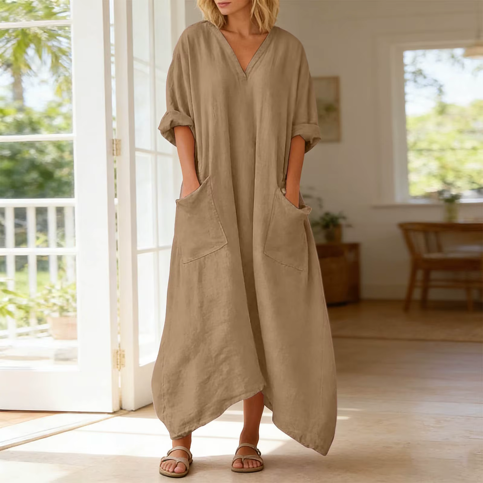 Robe d'été décontractée surdimensionnée pour femmes, col en V, manches 3/4, robes maxi avec poches, couleur unie, robe longue de plage pour les vacances
