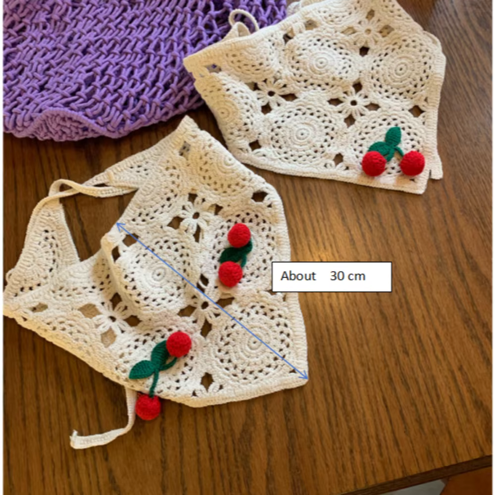 Bandeau triangulaire style pastoral français, fait main au crochet, motif petites cerises, foulard-chapeau, bandeau tricoté, serviette de tête, printemps-été