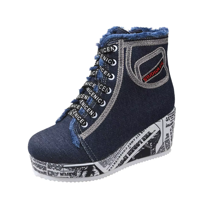 Femmes nouveau Denim baskets à semelles compensées plate-forme printemps automne décontracté chaussures vulcanisées mode dames côté fermeture éclair fond épais talon haut