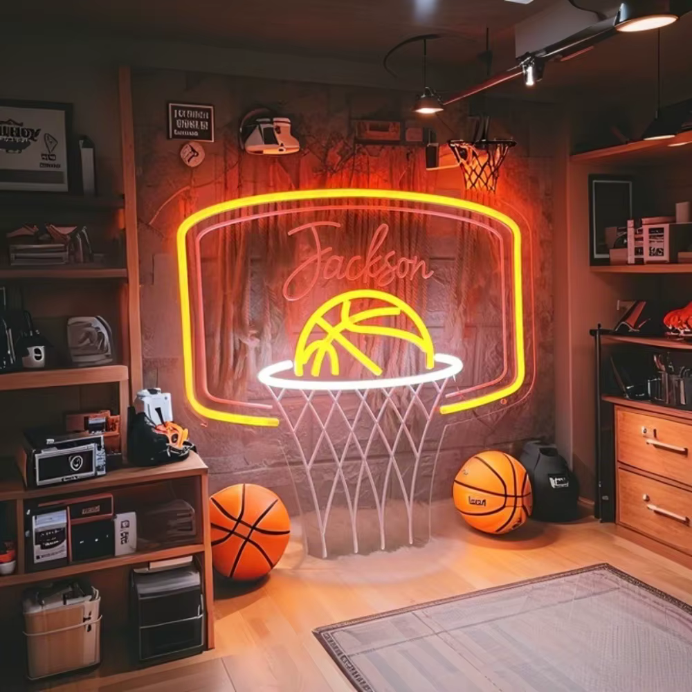 Enseigne au néon de basket-ball personnalisée pour le nom des enfants, décoration murale de maison pour chambre de garçon, cadeau personnalisé pour enfants, cadeaux de basket-ball
