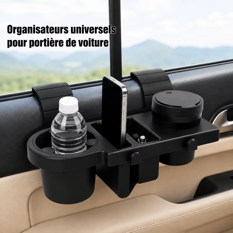 Organisateur de bord de portière de voiture avec porte-gobelet, emplacements pour téléphone, crochets pour clés et rangement divisé pour accessoires, pour l'intérieur de la voiture