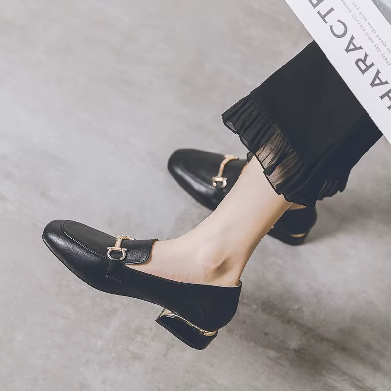 Chaussures d'été à bout carré pour femmes, mocassins de bureau élégants à talons bas, marque de luxe noire, à enfiler, de haute qualité, 2025