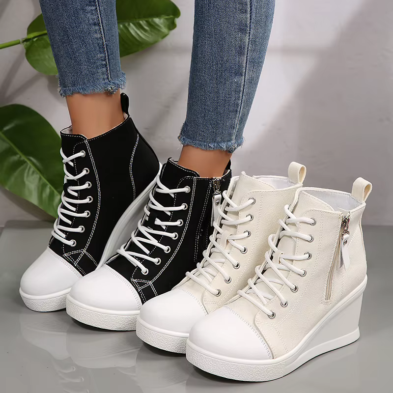 Noir haut toile baskets chaussures pour femmes classique plate-forme talon compensé