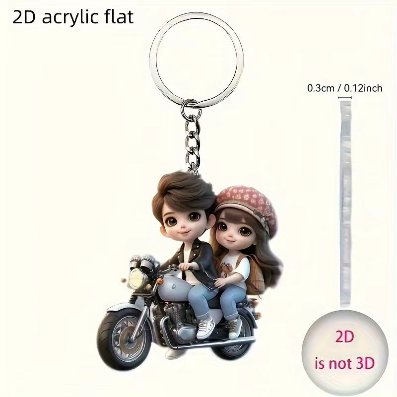 Porte-clés en acrylique 2D plat avec couple mignon à moto, pendentif pour sac à dos, décoration de sac à dos, porte-clés de voiture, cadeau créatif pour couple