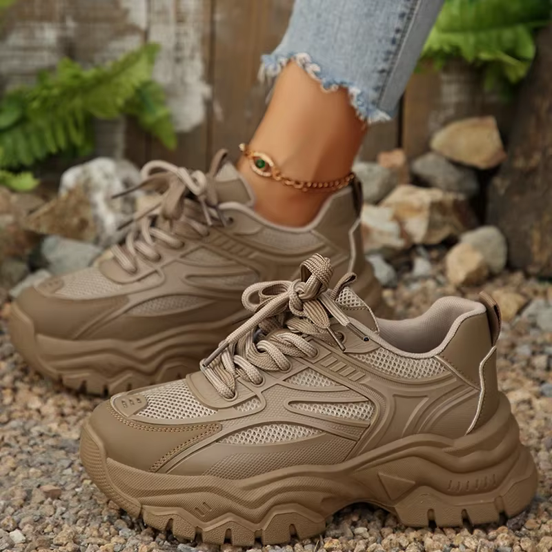 Baskets rétro kaki à plateforme épaisse pour femmes