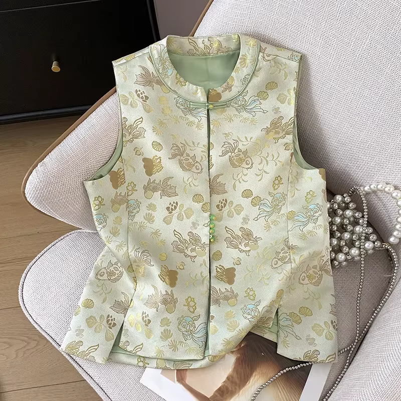 Style chinois hauts femmes Satin broder fleur Hanfu veste nouvelle dame vêtements d'extérieur décontractés Vintage boutonné Cheongsam gilet
