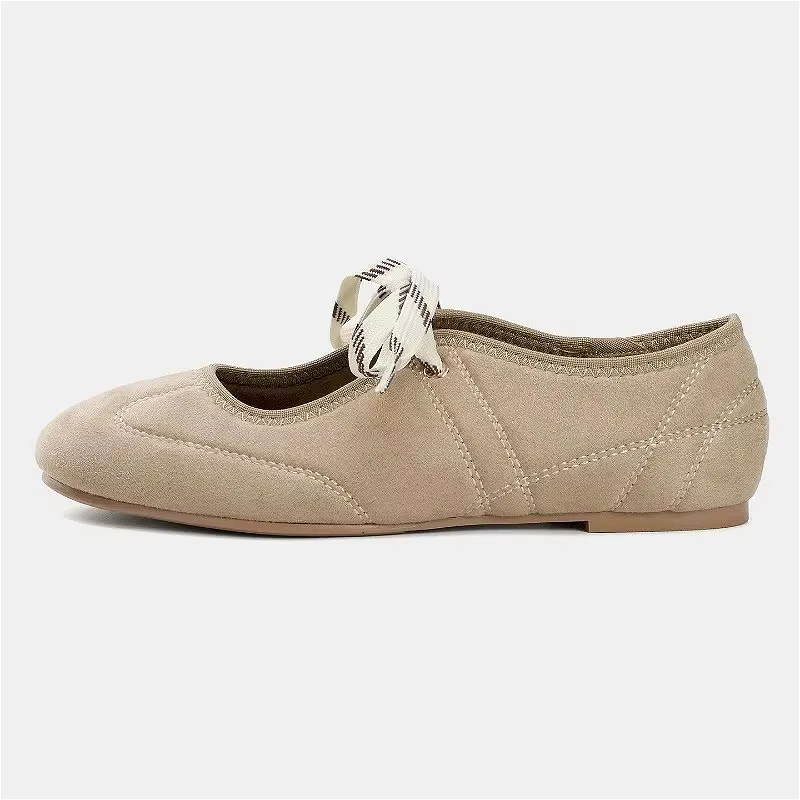Mode bout rond ballerines femmes à lacets Faux daim peu profond concis semelle souple Mary Jane chaussures