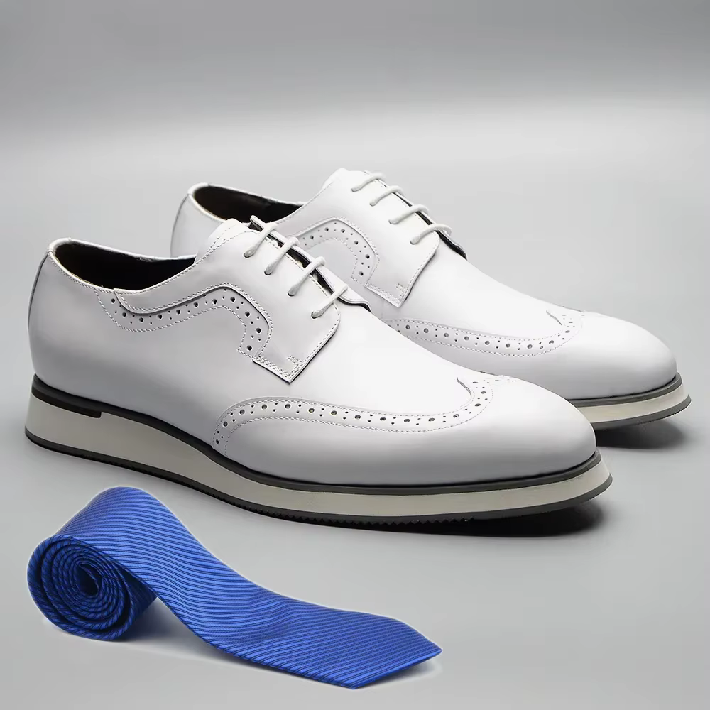 XEBOS hommes blanc été baskets en cuir véritable respirant à lacets aile pointe Derby chaussures décontracté en plein