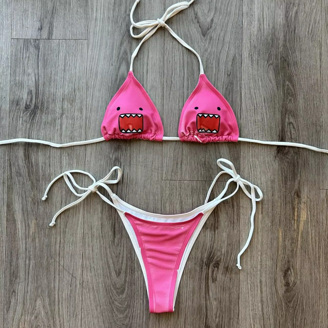 Maillot de bain bikini style Ins pour femme, bleu clair, imprimé requin, dos nu, à nouer sur les côtés