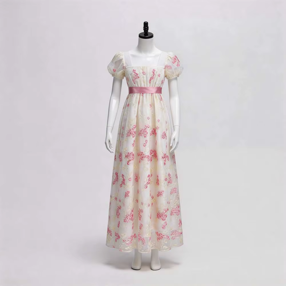 Robe impériale vintage de style européen avec encolure carrée, manches bouffantes, robe longue de cosplay, robe de thé de style régence
