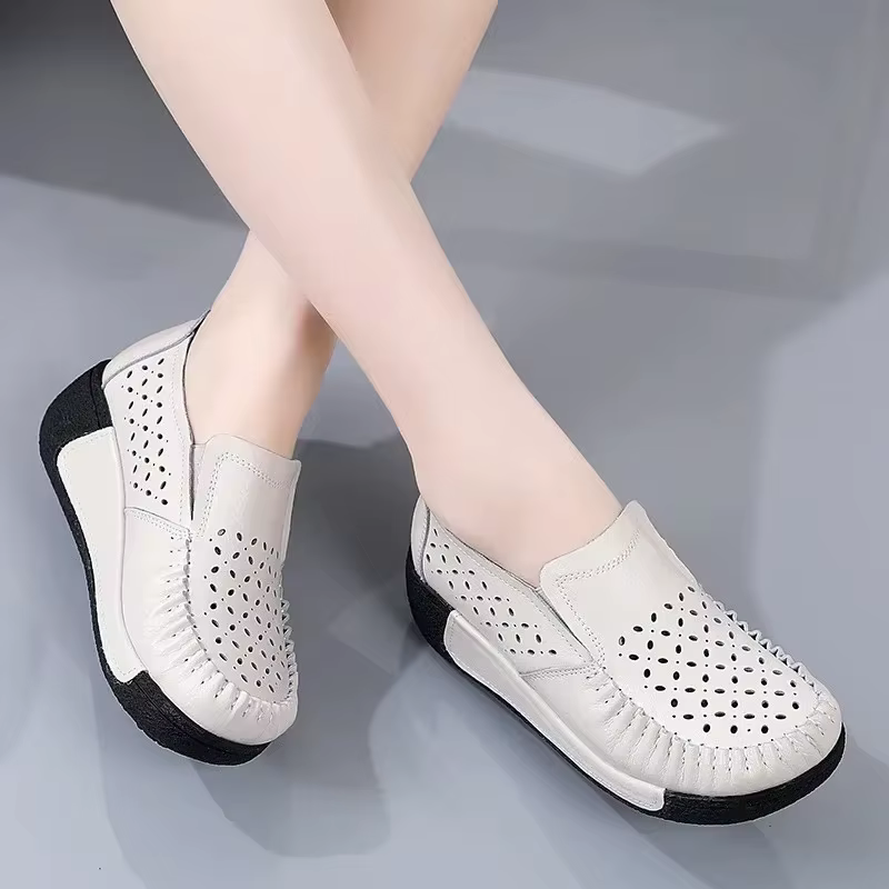 2025 plate-forme chaussures plates pour femmes sans lacet évider véritable cuir de vache Swing