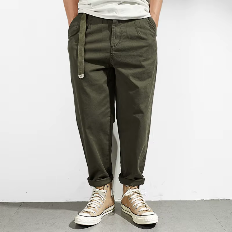 Pantalons décontractés japonais avec pieds amples rétro, vêtements à la mode pour hommes lavés avec un vieux pa conique à neuf points tissé élastique kaki