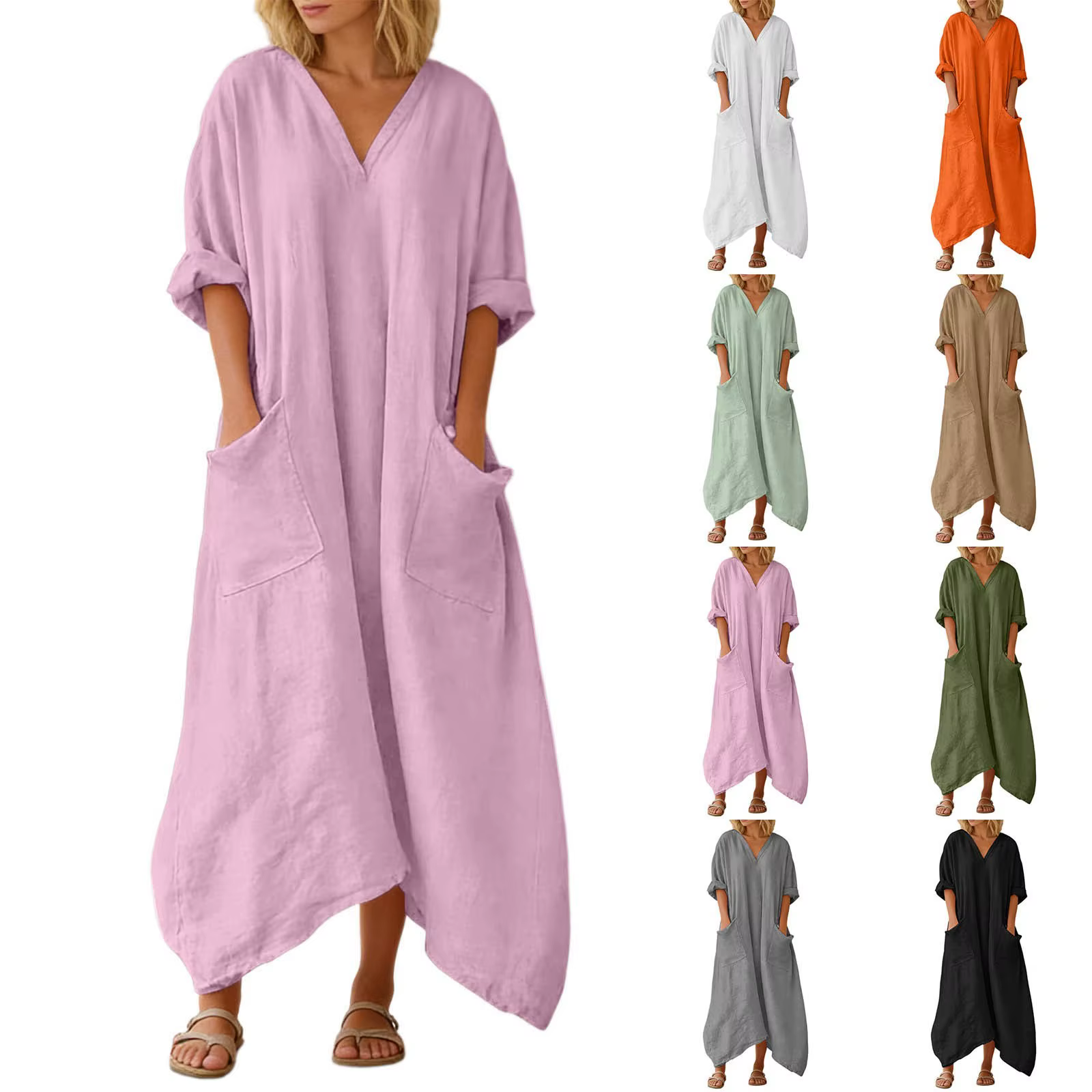 Robe d'été décontractée surdimensionnée pour femmes, col en V, manches 3/4, robes maxi avec poches, couleur unie, robe longue de plage pour les vacances