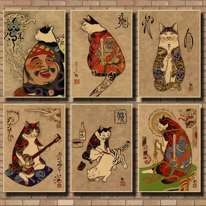 Tatouage japonais chat samouraï, série rétro, décoration murale pour la maison, image pour café, salon, peinture, affiches imprimées, cadeau
