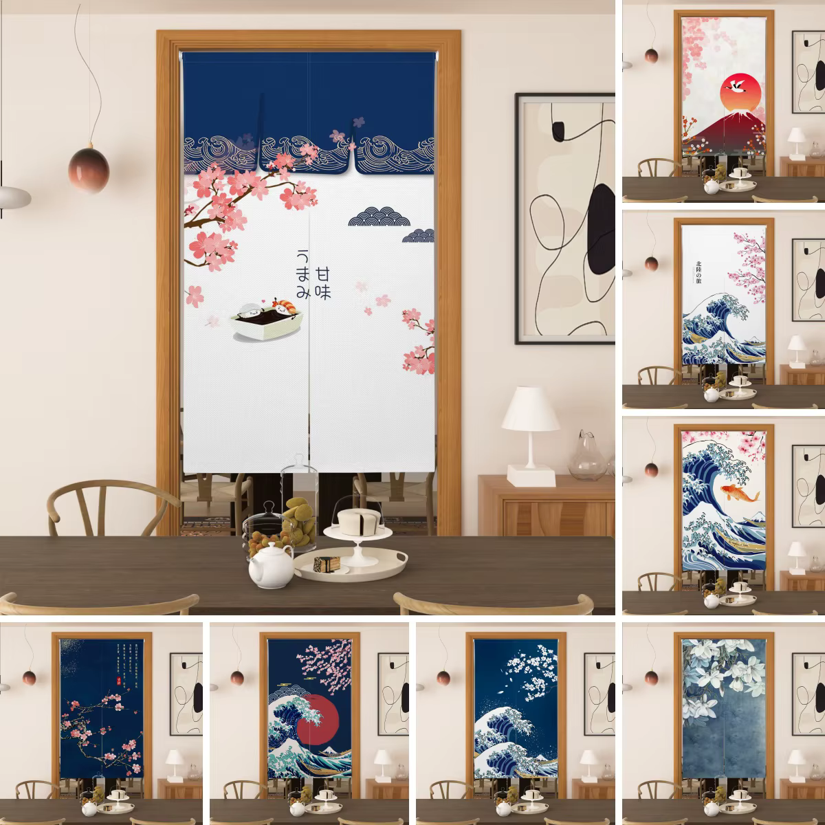 Rideau de porte de style japonais, motif vague de fleurs de cerisier du mont Fuji, demi-rideau pour salle à manger, cuisine, maison de thé, décoration intérieure