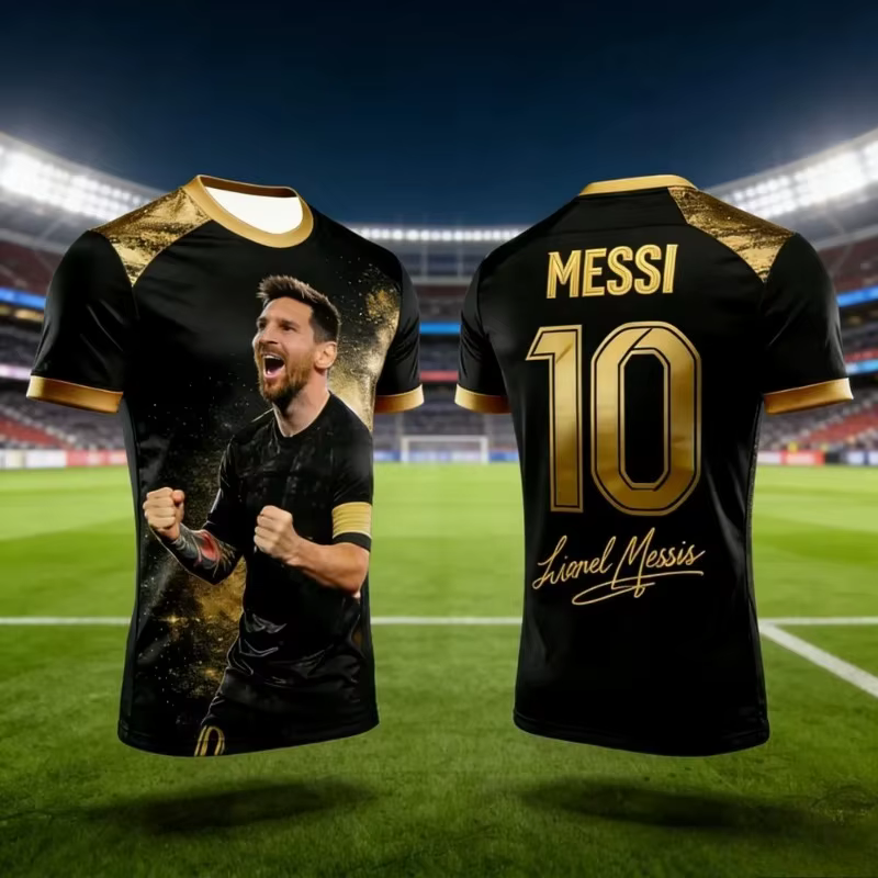 Inter Miami Hip Hop Streetwear Messi No.10 Maillot de football noir or brillant Impression 3D sur toute la surface Respirant Unisexe T-shirt de sport