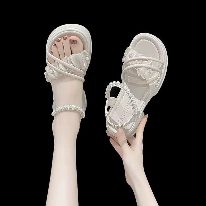 Sandales compensées avec plateforme imperméables à talons moyens avec perles pour femmes