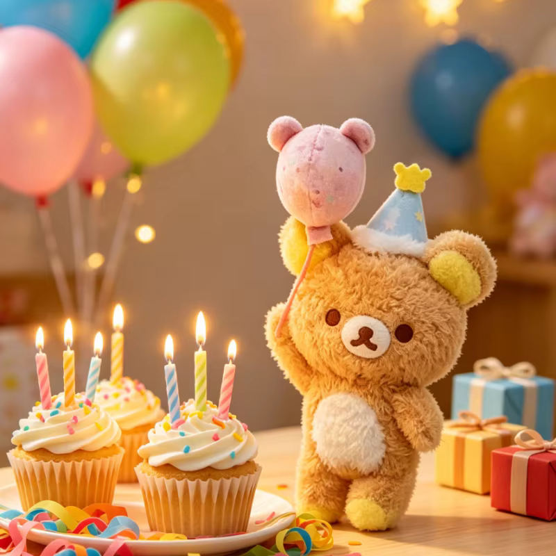 Porte-clés en peluche Rilakkuma avec pendentif chapeau d'anniversaire et ballon, breloque pour sac à dos, ornement de sac, accessoire de mode