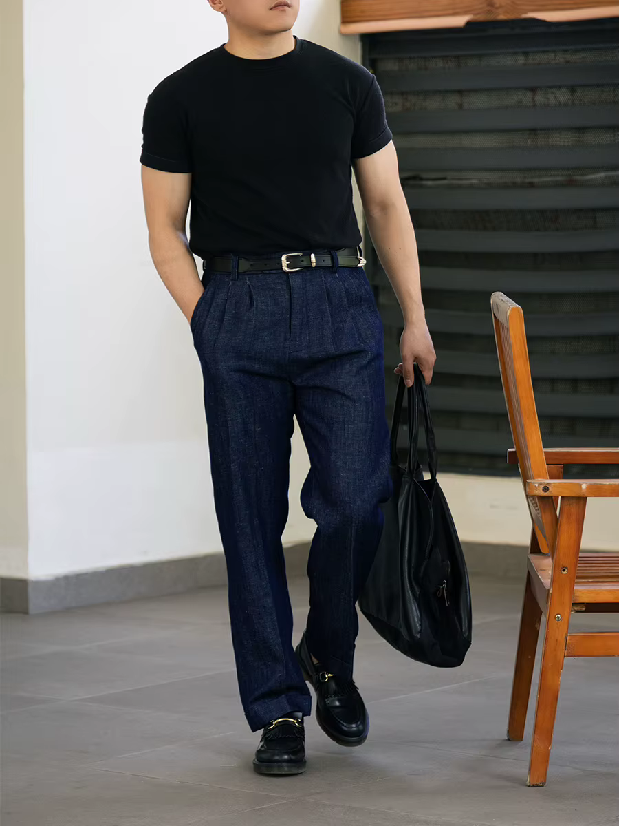 Pantalon décontracté pour homme style italien avec taille élastique | Denim bleu délavé en coton-lin | Coupe droite courte personnalisable et rehaussée
