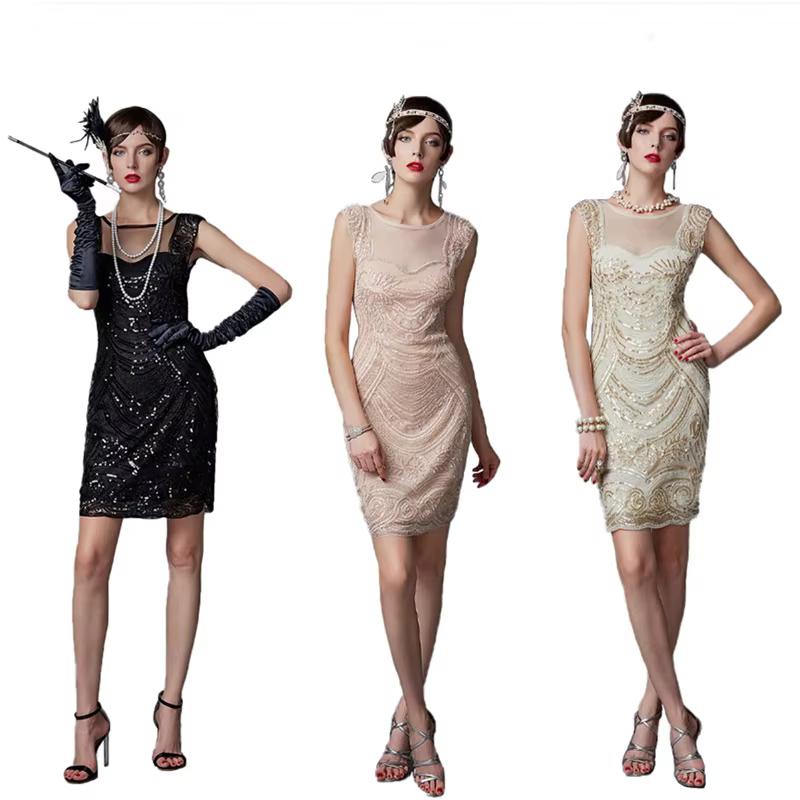 Robe sirène dos nu style Gatsby, noire et champagne, broderie de sequins, robe de soirée élégante, costume de cosplay pour femme