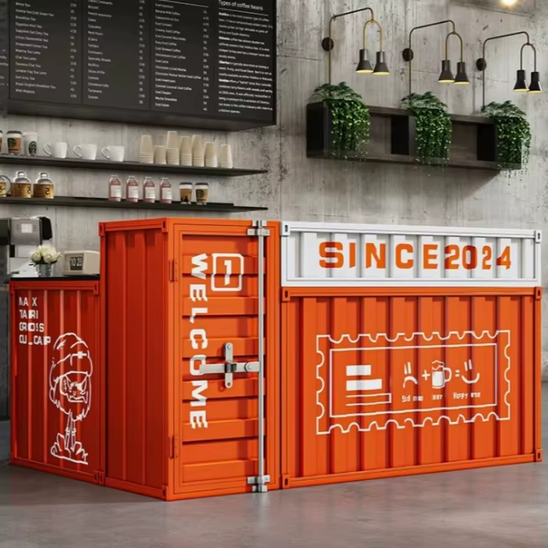 Comptoir de bar de style industriel avec fer forgé vintage, coin de conteneur de type gym pour caisse et espace de réception, sur mesure