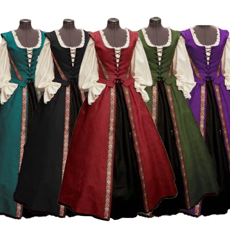 Ensemble robe deux pièces pour femme, style Renaissance médiévale, col carré, taille cintrée et jupe ample, robe vintage