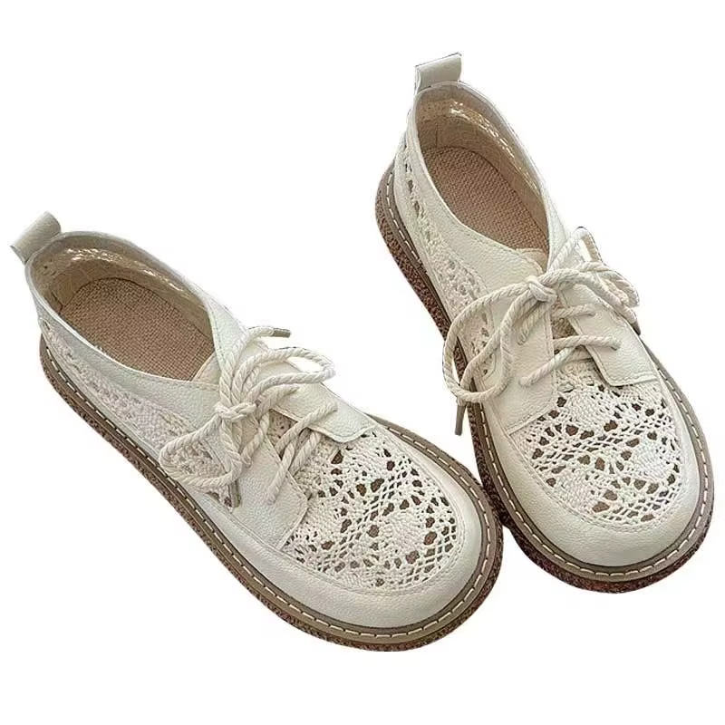 Beige été respirant style maille mocassins femme décontracté à lacets appartements 3 cm d'épaisseur bas découpes tricot chaussures rondes