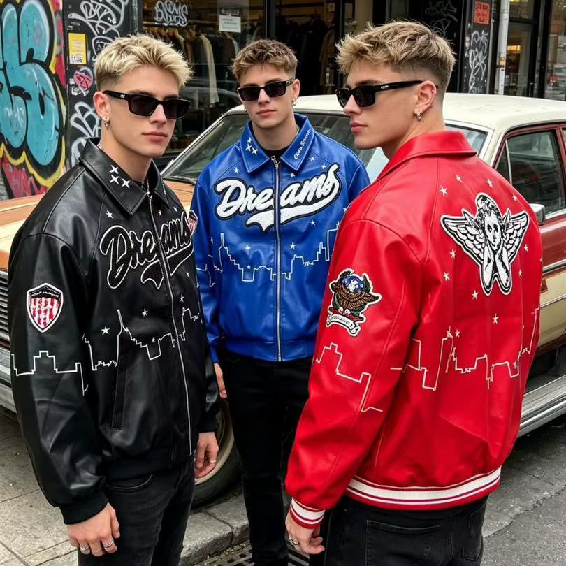 Vestes robustes de style américain pour hommes, veste de baseball vintage brodée, veste en cuir unisexe, manteaux de moto pour hommes