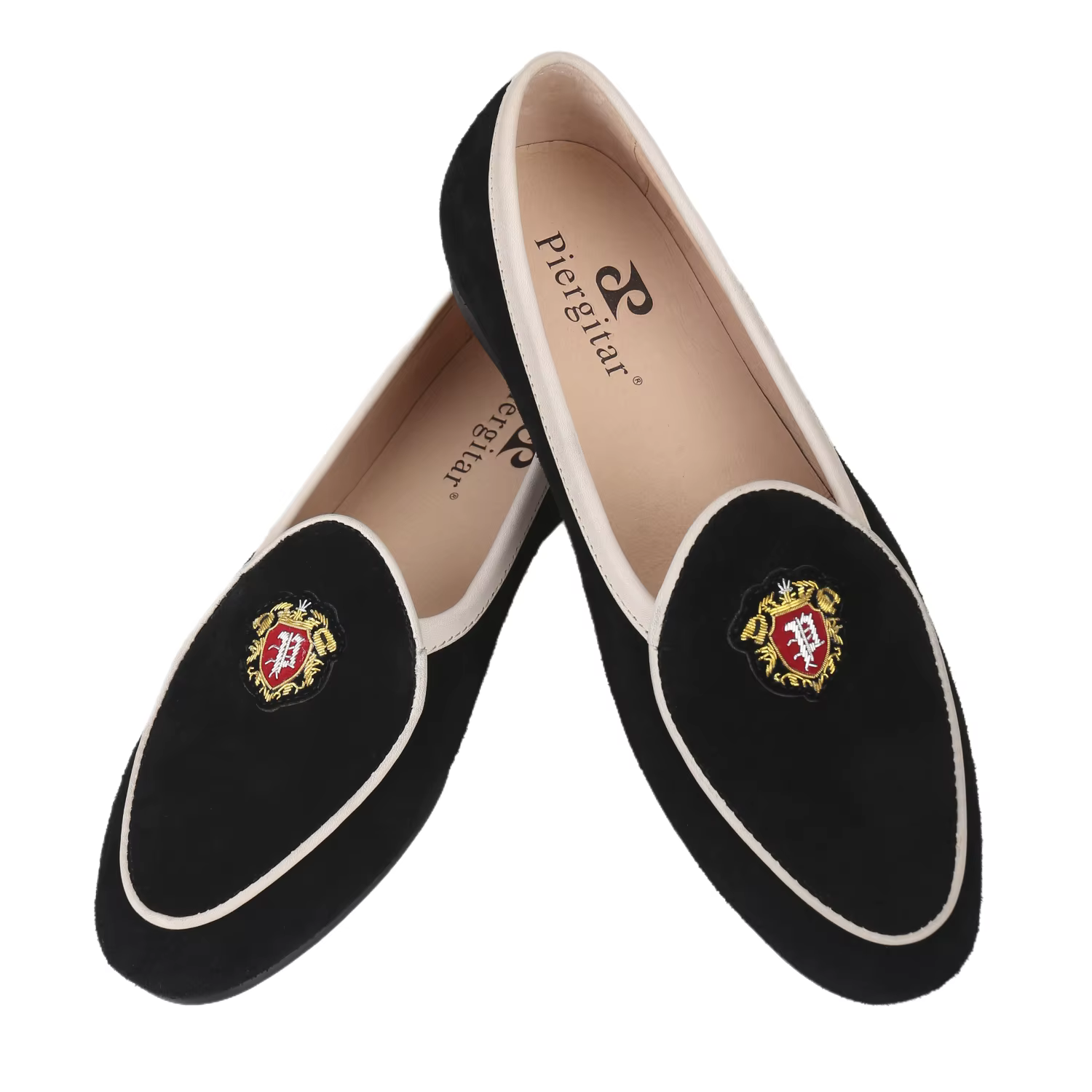 Chaussures de smoking Piergitar style classique en daim noir à enfiler avec badge en soie indienne fait main