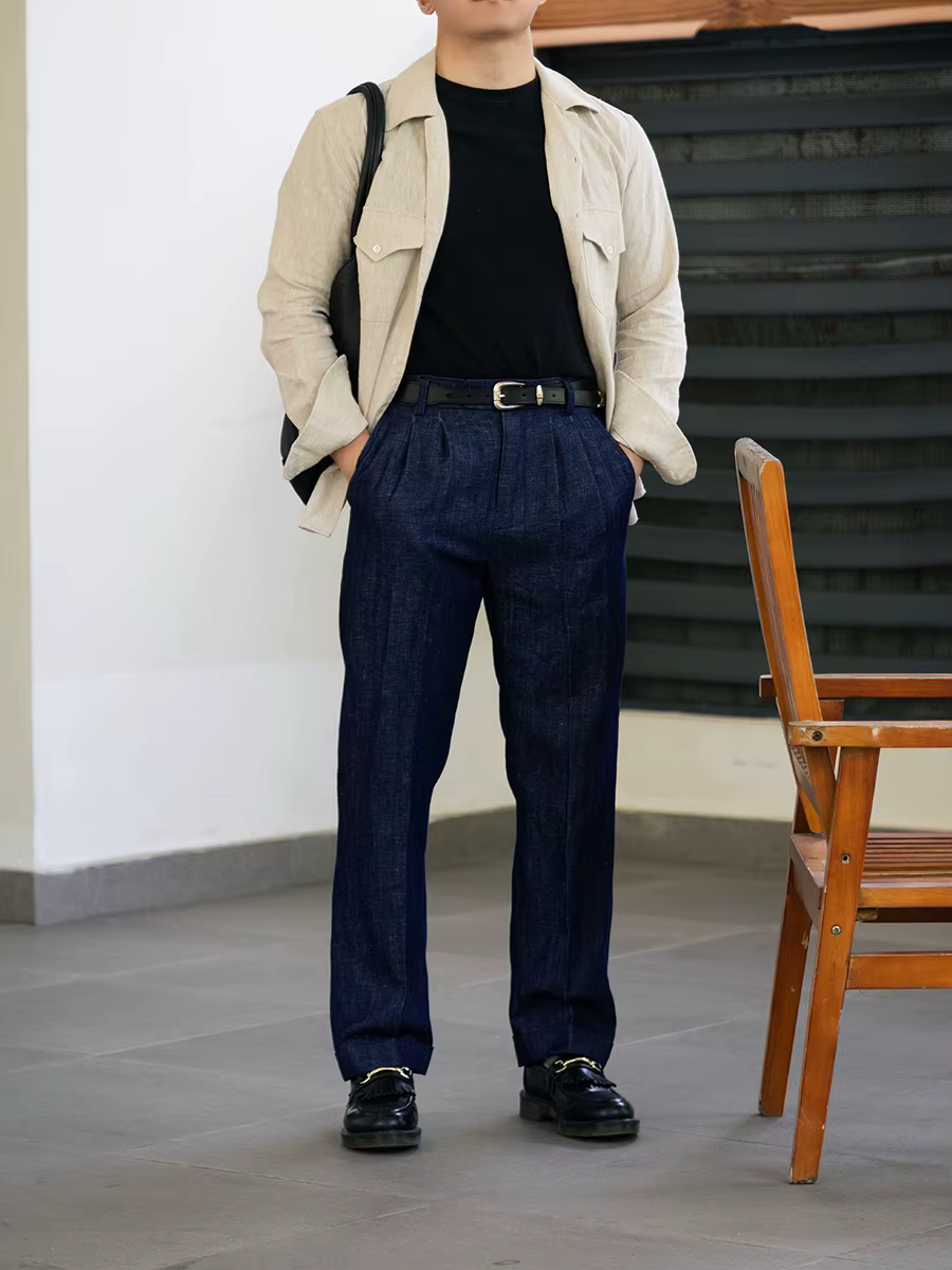 Pantalon décontracté pour homme style italien avec taille élastique | Denim bleu délavé en coton-lin | Coupe droite courte personnalisable et rehaussée