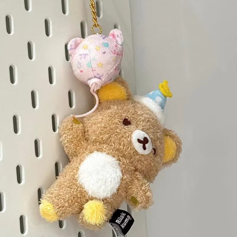 Porte-clés en peluche Rilakkuma avec pendentif chapeau d'anniversaire et ballon, breloque pour sac à dos, ornement de sac, accessoire de mode