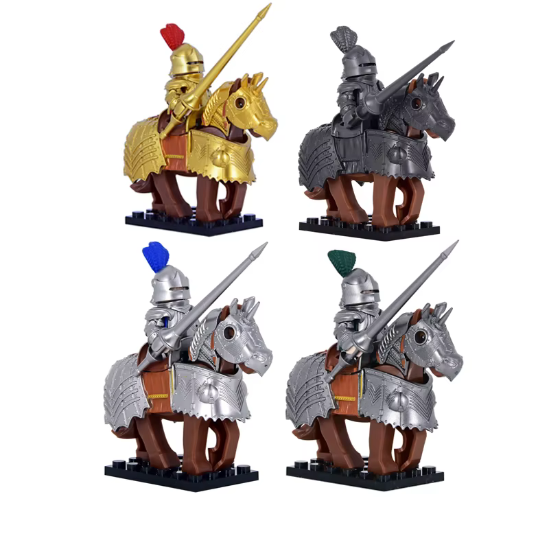 Jouet de construction de chevalier sur cheval de guerre, style gothique, plusieurs couleurs, armure détaillée, accessoires de cheval, parfait pour les thèmes médiévaux