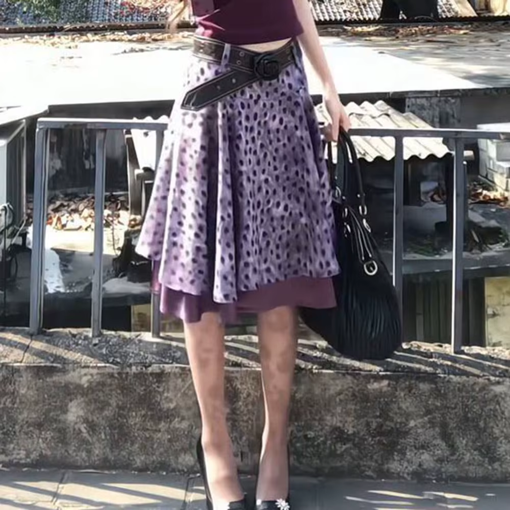 Ensemble style Spice Girl, haut sans manches violet charmant, jupe à pois taille haute, coupe régulière pour femme, été