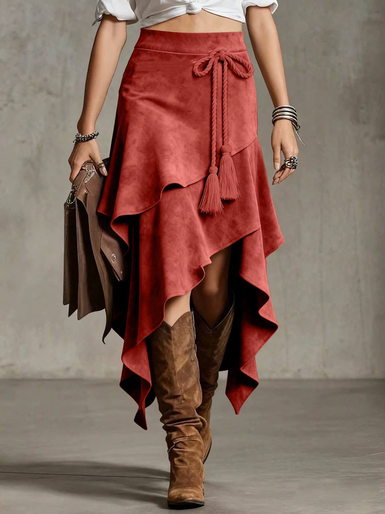 Jupe en daim de style western rétro, design irrégulier, jupe unie