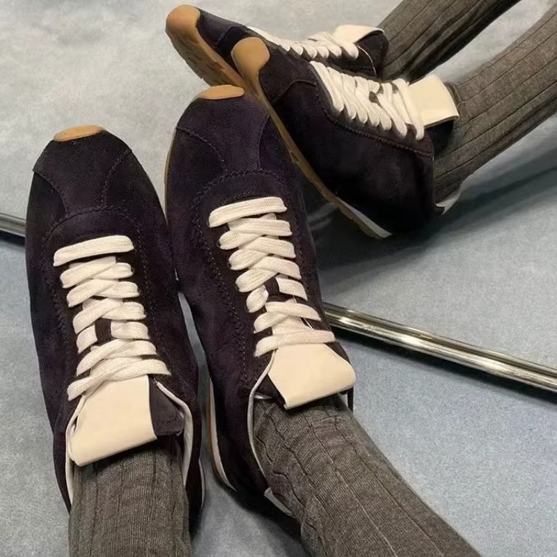 Chaussures de sport décontractées plates à lacets en cuir véritable pour femmes