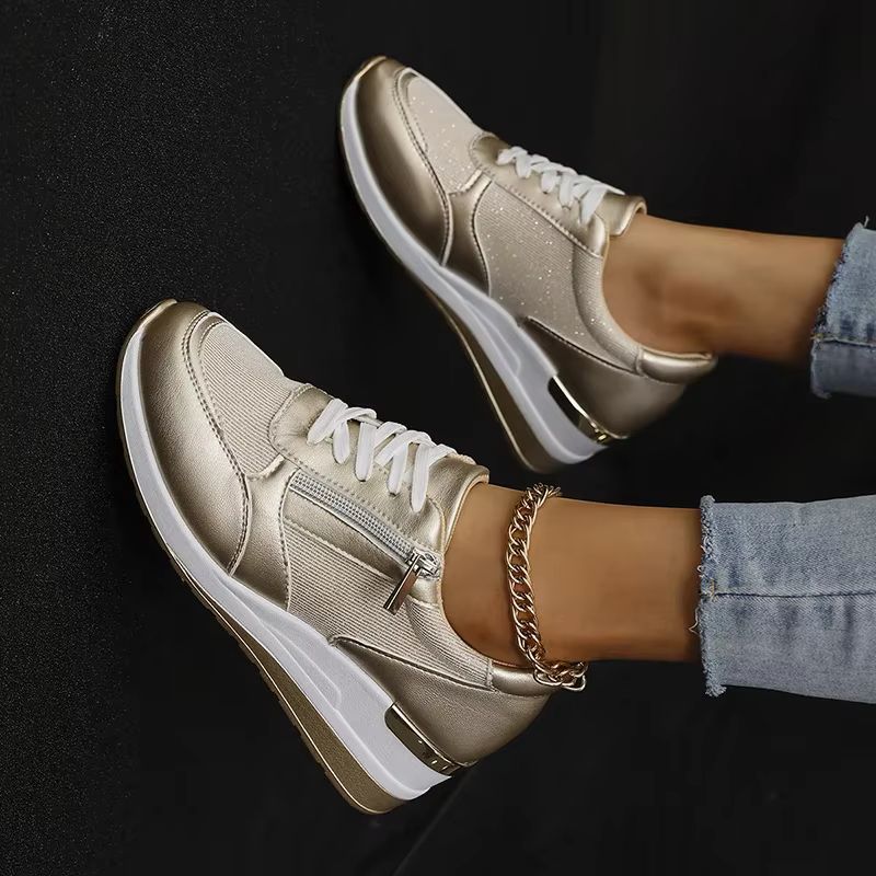 Mode fond épais argent baskets femmes 2025 printemps talon compensé chaussures vulcanisées femme confortable à lacets Sport Sneaker Mujer