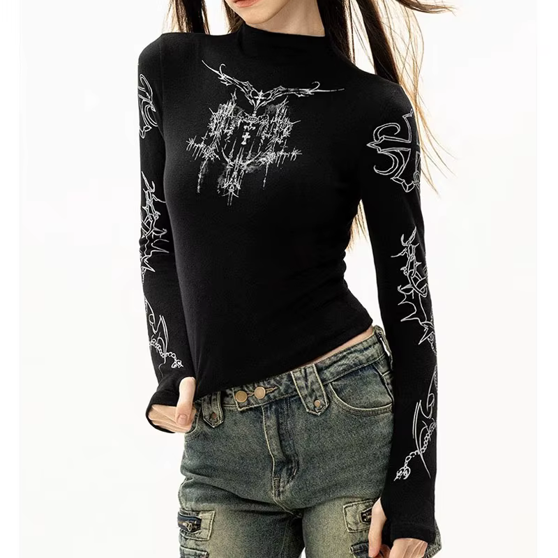 Grunge femmes T-Shirt Y2k esthétique col mi-haut t-shirts imprimé graphique à manches longues hauts transparents Punk Alternative culture hauts EMO