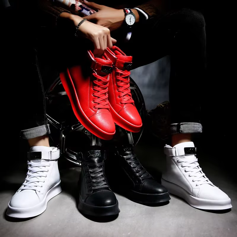 Mode luxe hommes rouge baskets hautes en cuir PU espadrilles décontractées