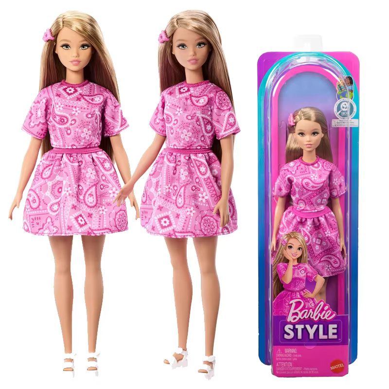 Poupée Barbie Fashionistas originale, cheveux blonds, vêtements rose à motifs Paisley, chemise, sandales à plateforme, pince à cheveux, accessoires de déguisement, jouets, cadeaux