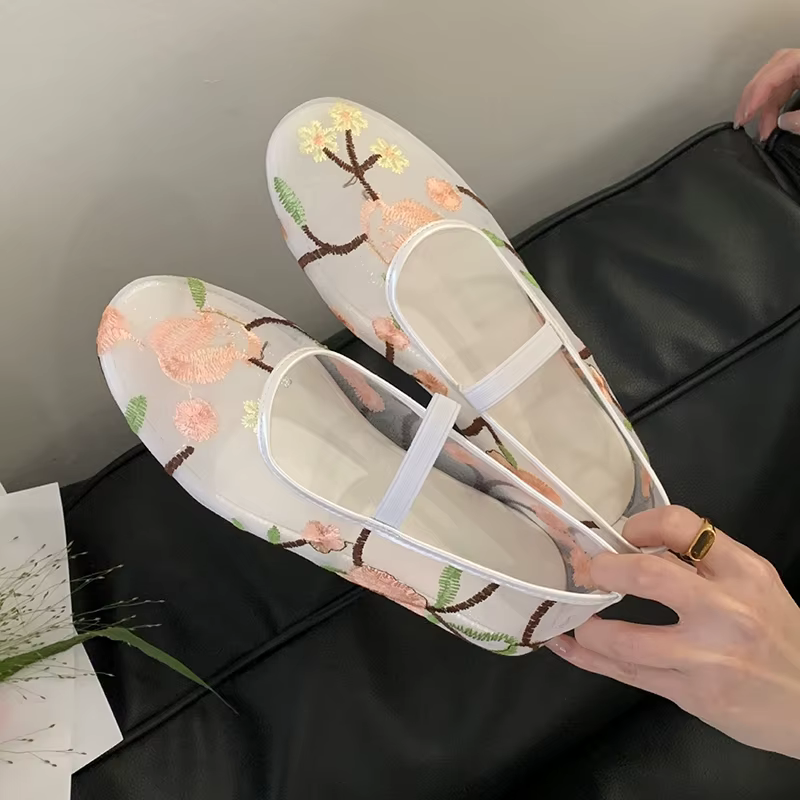 Maille gaze Ventilation semelle souple chaussures simples femmes bout rond broderie conception Mary Jane
