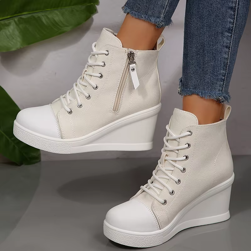Noir haut toile baskets chaussures pour femmes classique plate-forme talon compensé