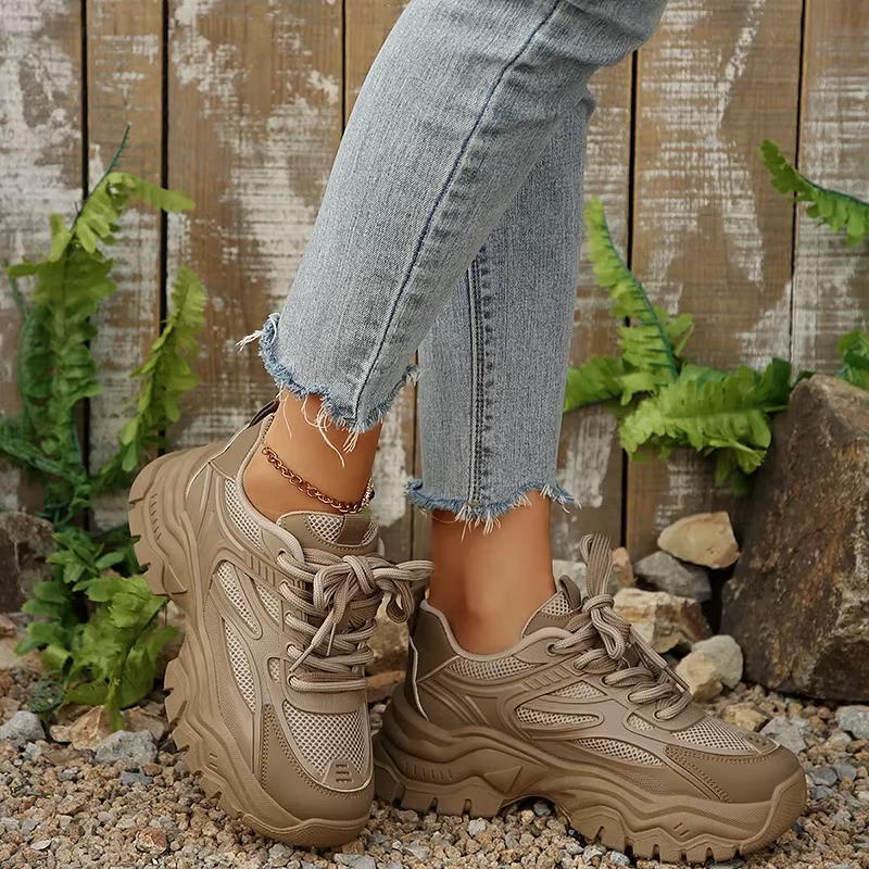 Baskets rétro kaki à plateforme épaisse pour femmes