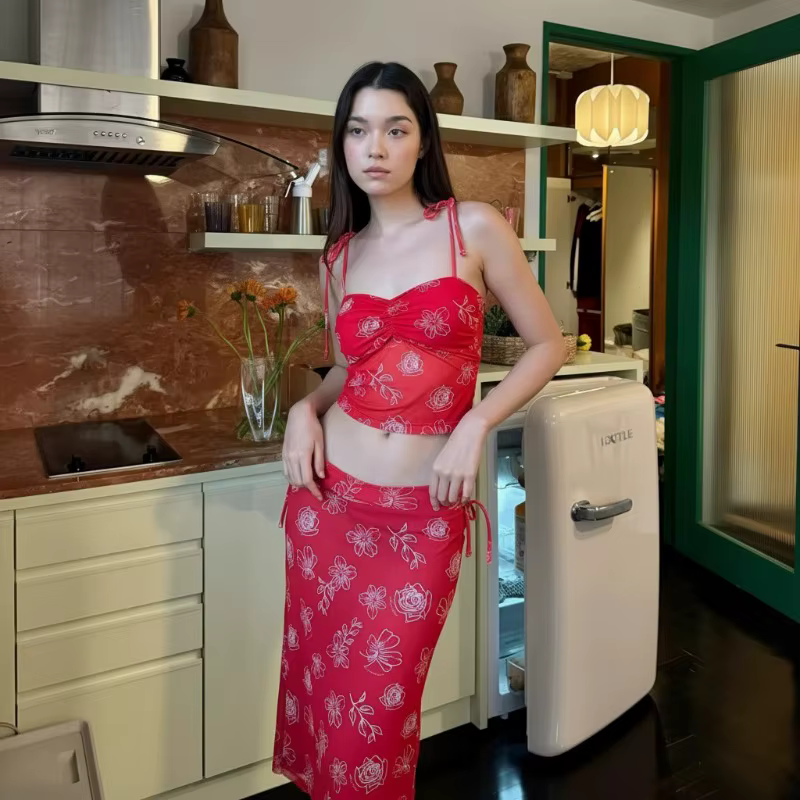 Maillot de bain style Ins pour femme, ensemble trois pièces rétro de vacances, imprimé floral brodé, amincissant, avec longue camisole et jupe, confortable
