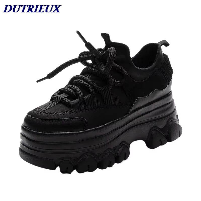 2025 9cm plate-forme baskets à semelles compensées en cuir véritable femmes chaussures grosses